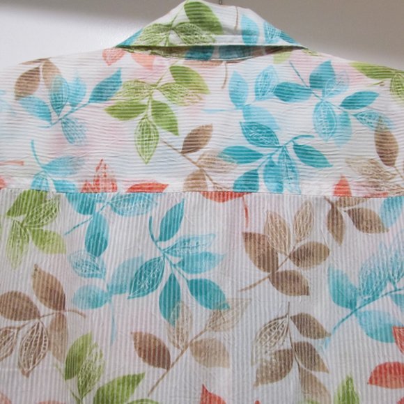 Alfred Dunner Top Shirt Blouse Short Sleeve Button Down Blue Green Orange Leaves - Picture 7 of 14